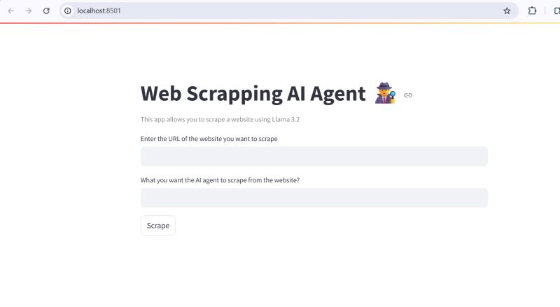 Web scraping AI agent interface with URL field and instruction field, powered by Llama 3.2